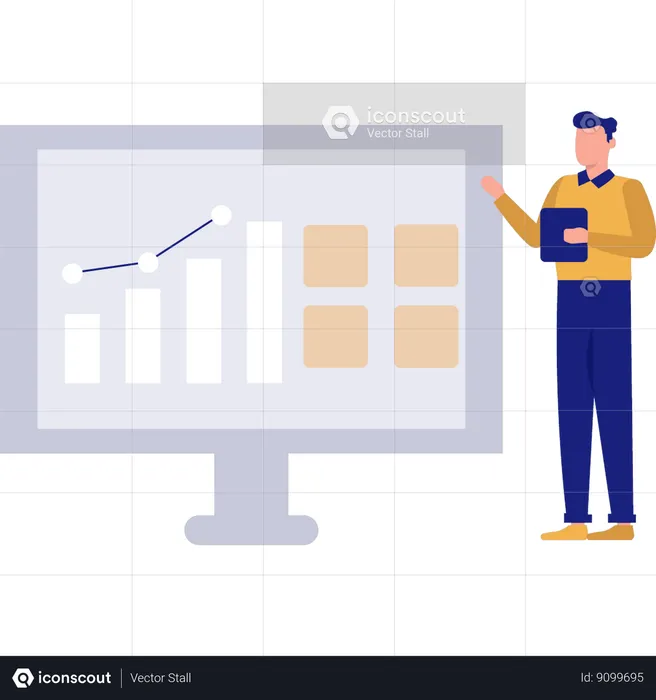 Homem apontando para gráfico de barras no monitor  Ilustração