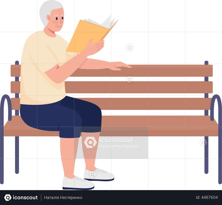 Aposentado masculino lendo livro e sentado no banco  Ilustração