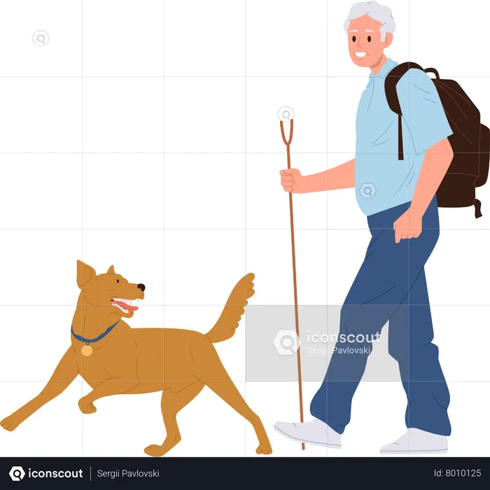 Feliz velho mochileiro passeando com cachorro desfrutando de atividades de caminhada ao ar livre  Ilustração