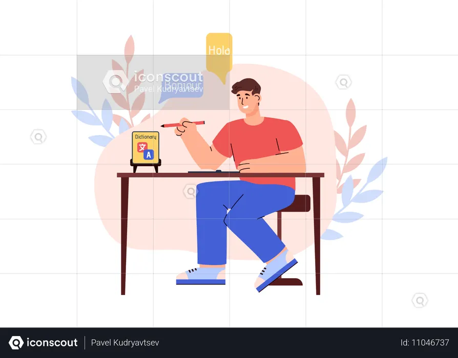 Homem aprendendo língua estrangeira online  Ilustração