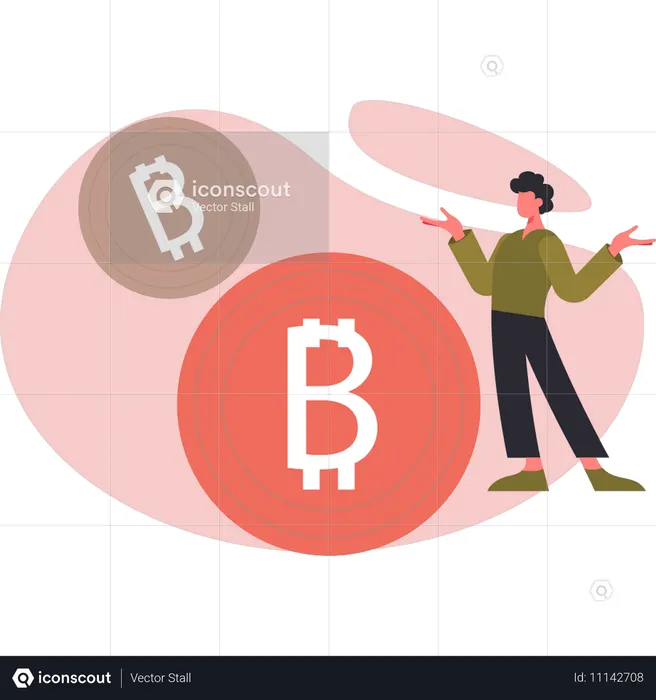 Homem apresentando bitcoin  Ilustração
