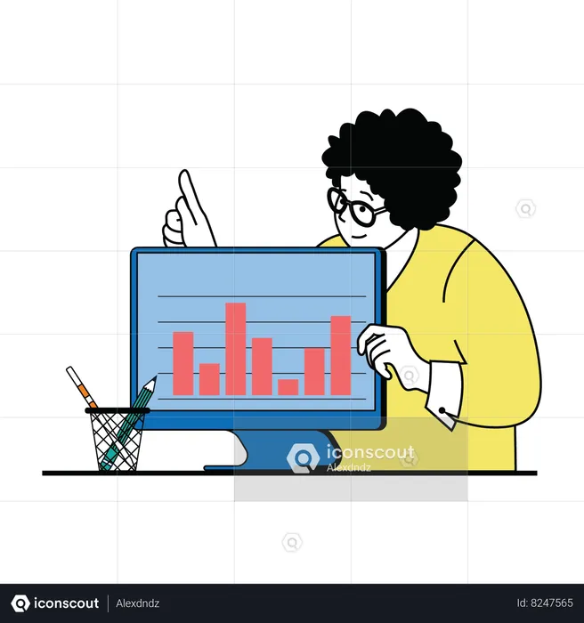 Homem apresentando gráfico analítico no monitor  Ilustração