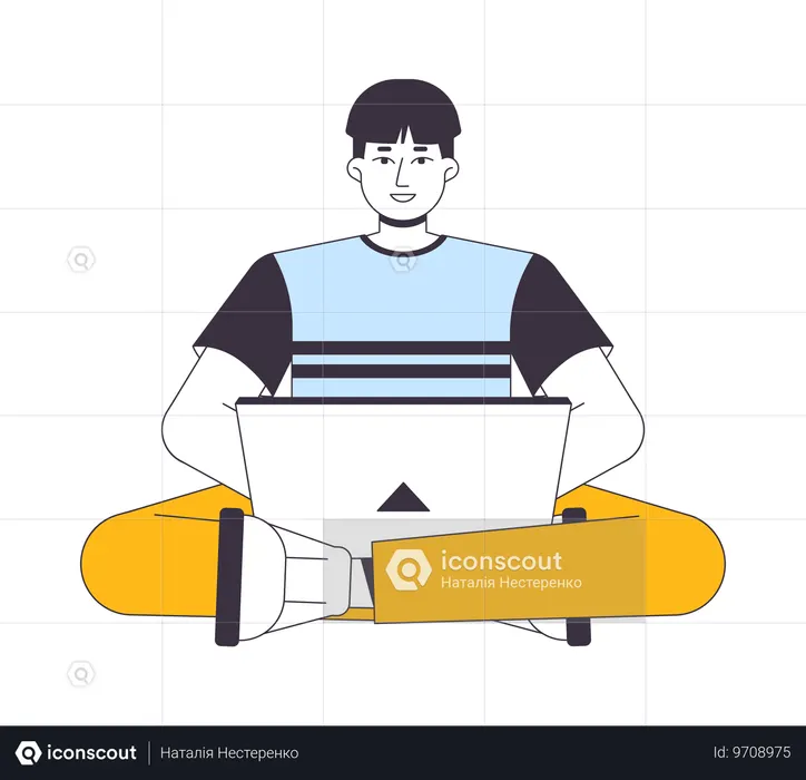 Homem asiático com notebook  Ilustração