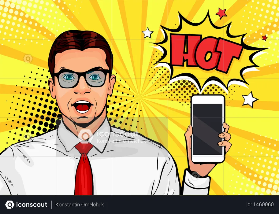 Homem sorridente atraente com telefone na mão em estilo cômico. Ilustração vetorial de arte pop em estilo cômico retrô. Modelo masculino de propaganda digital mostrando a mensagem ou novo aplicativo no celular  Ilustração