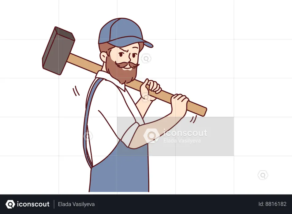 Homem barbudo com martelo trabalha no canteiro de obras  Ilustração