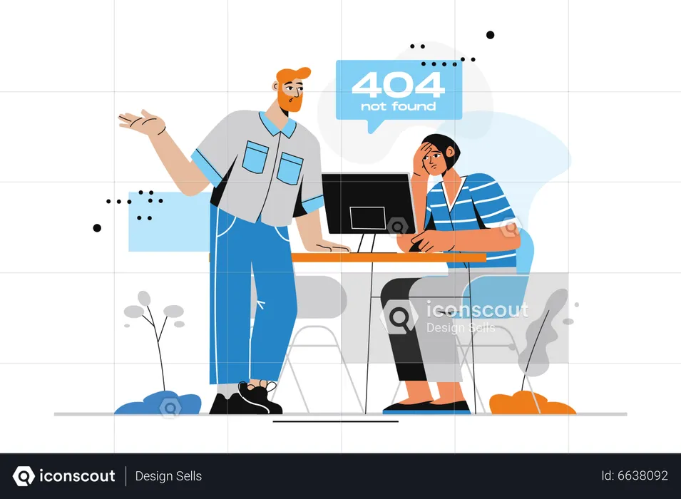 Homem barbudo discute sobre erro 404 com mulher  Ilustração