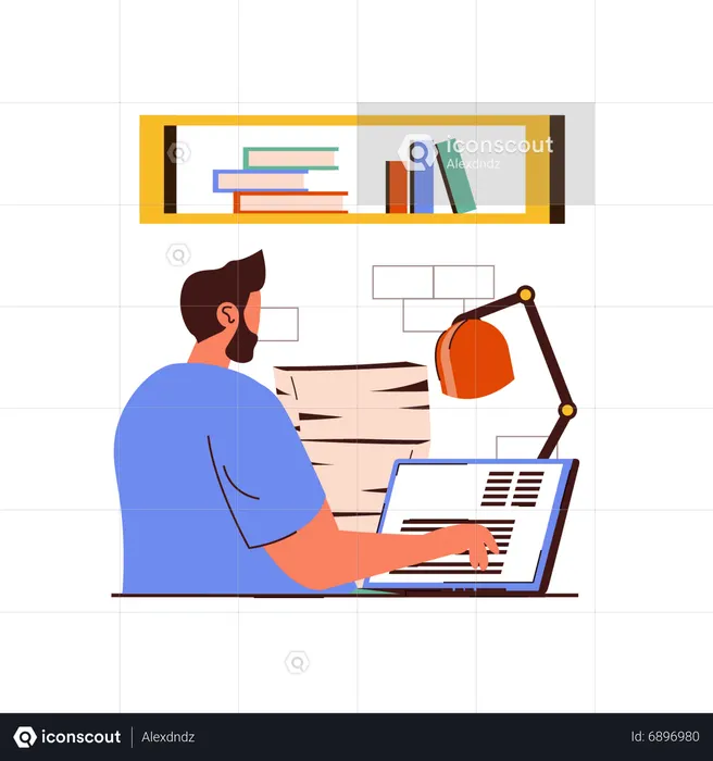 Homem barbudo trabalhando no laptop  Ilustração