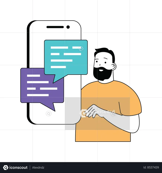 Homem barbudo mostrando conversa online  Ilustração