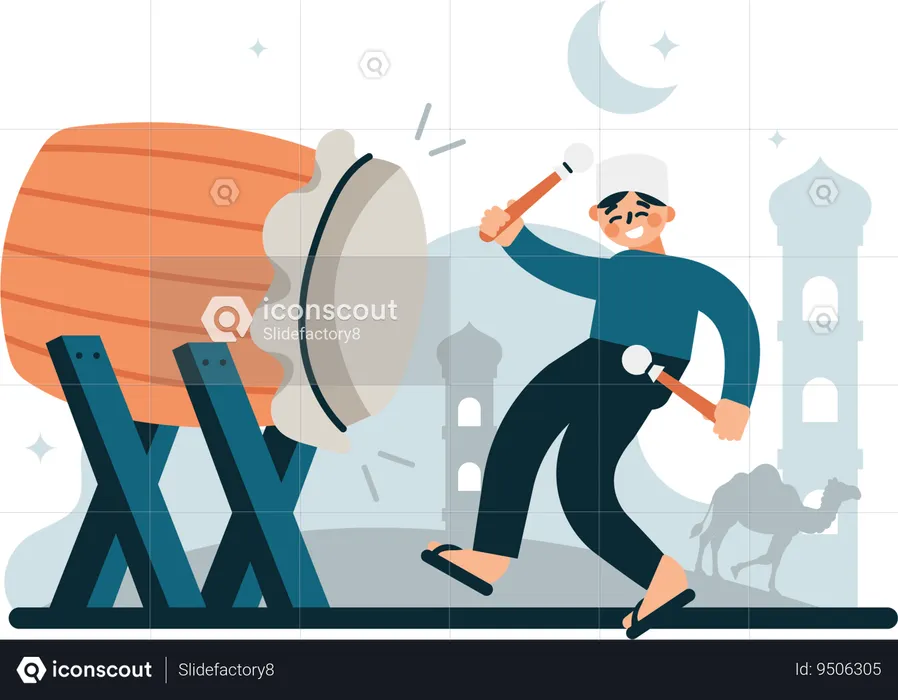 Homem batendo o tambor bedug  Ilustração