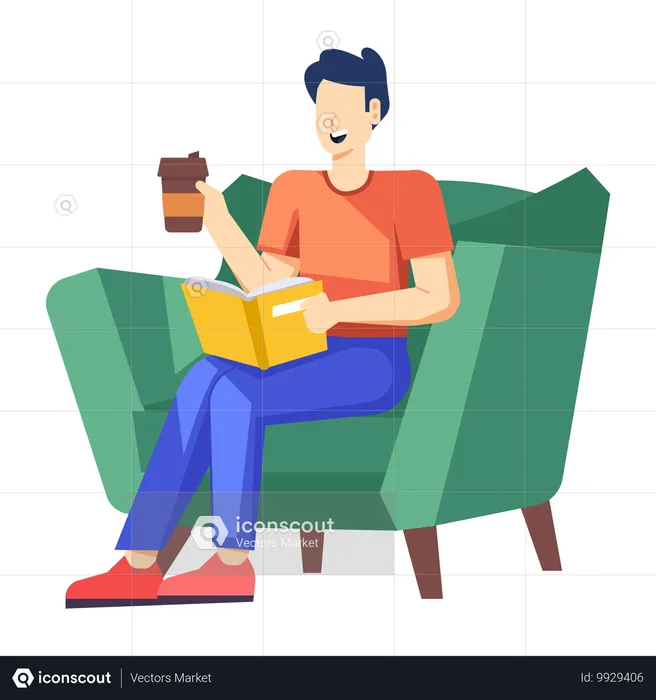 Homem tomando café e lendo um livro  Ilustração