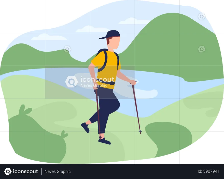 Homem caminhando na montanha  Ilustração