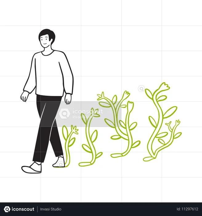 Homem caminhando atentamente com plantas florescendo  Ilustração