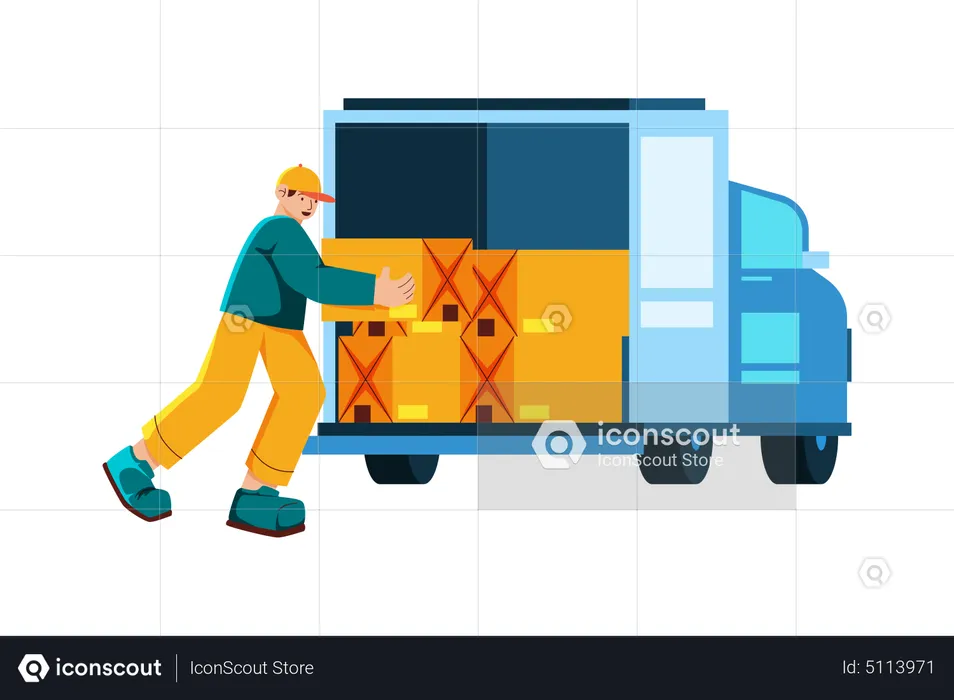 Homem carregando caminhão para entregas no mesmo dia  Ilustração