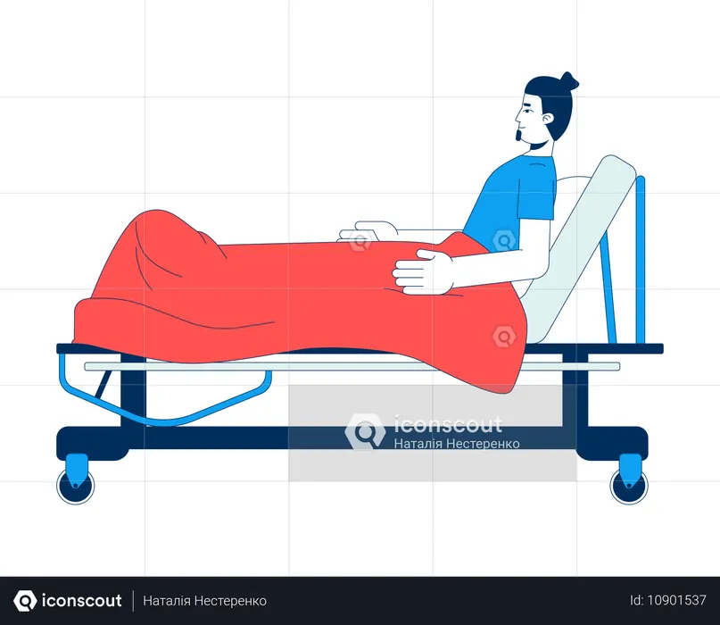 Paciente homem caucasiano reclinado na cama do hospital com cobertor  Ilustração