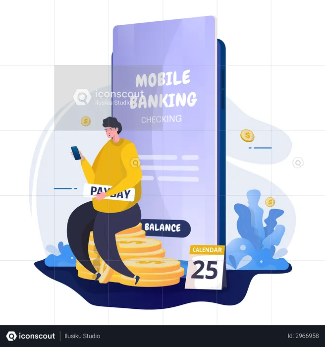 Homem verificando salário usando mobile banking  Ilustração