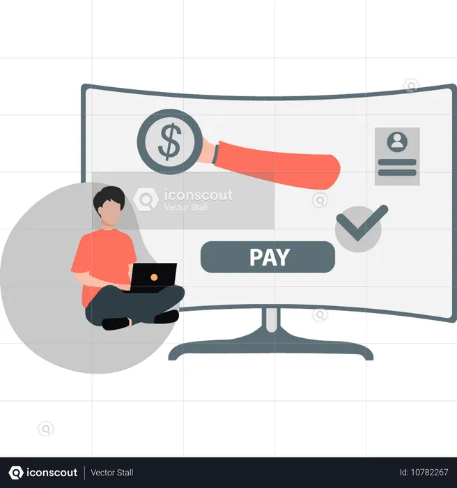 Homem verificando o blockchain do dólar  Ilustração