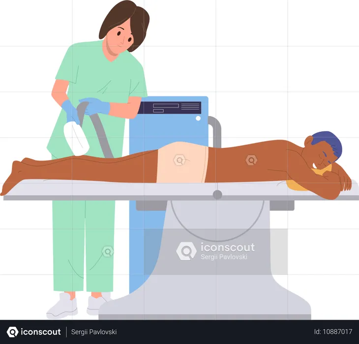 Cliente homem visitando salão de depilação a laser recebendo procedimento de depilação  Ilustração