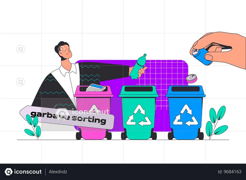 Homem coletando e classificando lixo em diferentes lixeiras para usina de reciclagem  Ilustração