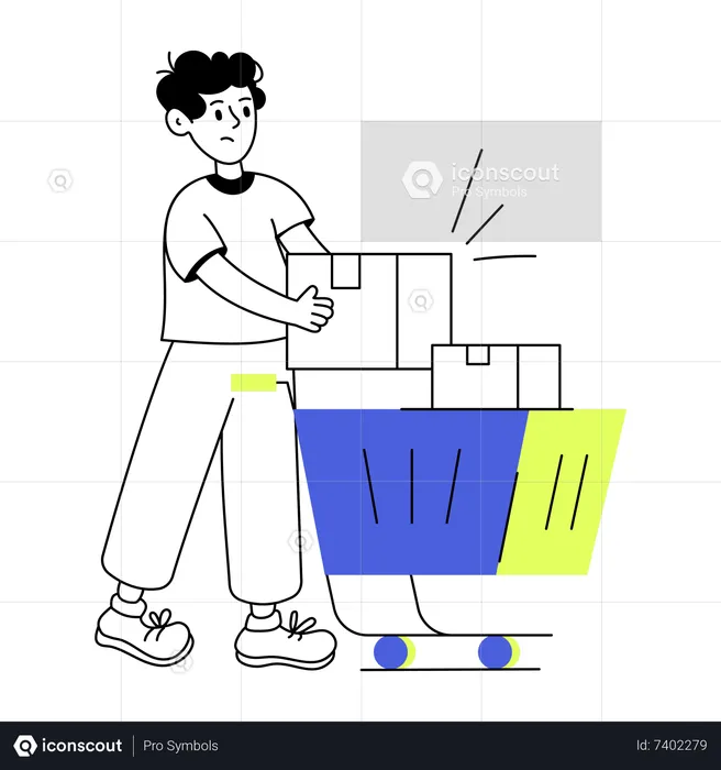 Homem colocando caixa no carrinho de compras  Ilustração