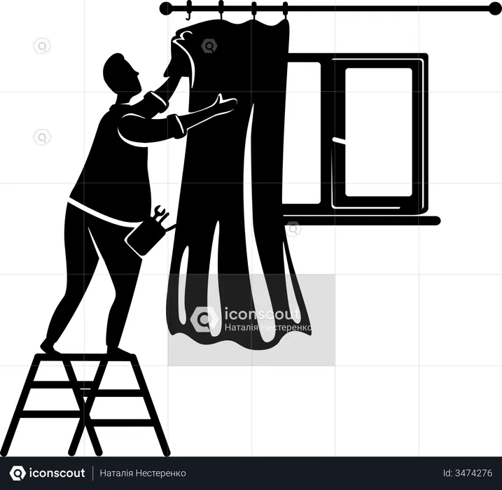 Homem colocando cortinas  Ilustração