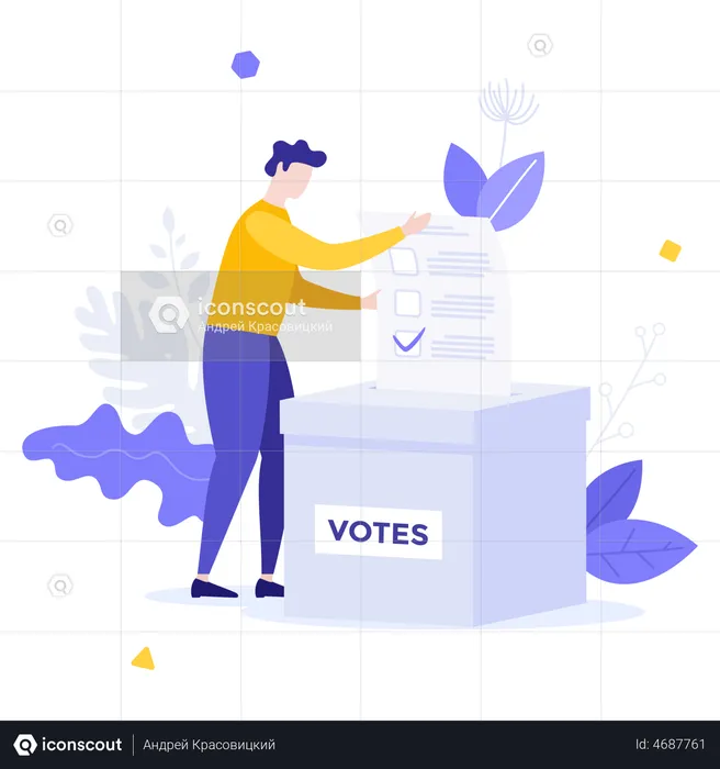 Homem colocando voto na caixa de votação  Ilustração