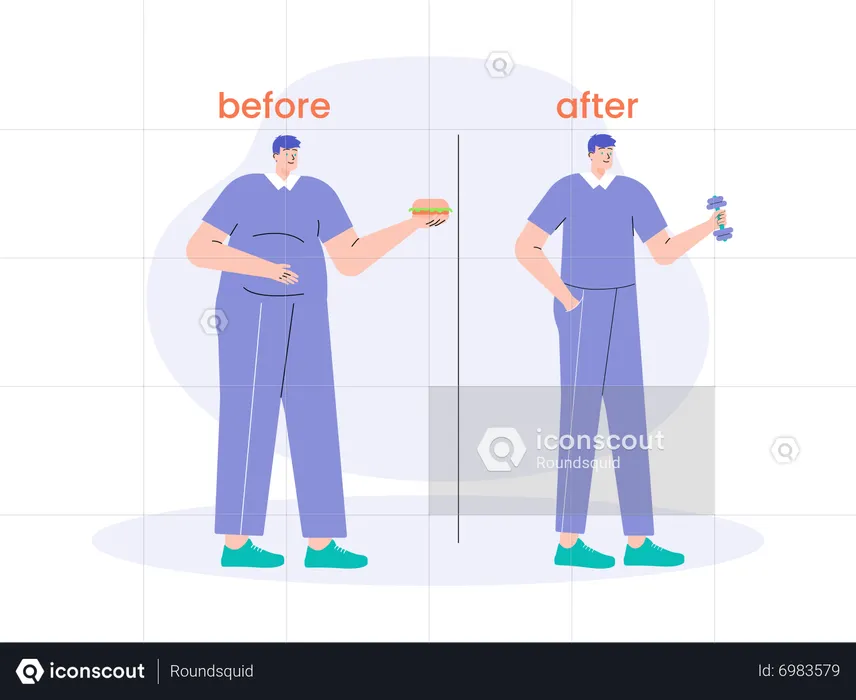 Homem com antes e depois da perda de peso  Ilustração