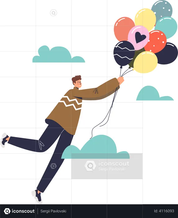Homem com balões coloridos voando no céu sobre nuvens  Ilustração