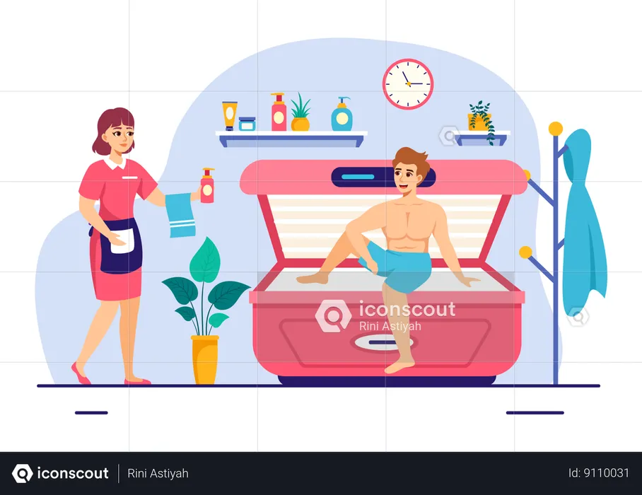 Homem com procedimento na cama para obter pele exótica com tecnologia moderna no Spa Solarium  Ilustração