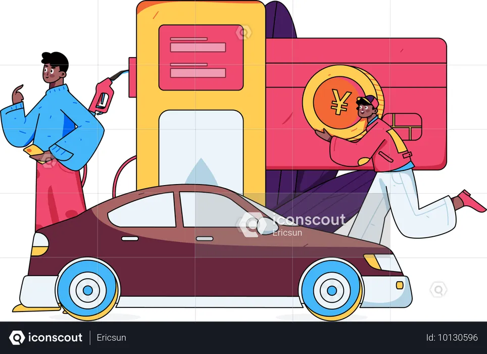 Homem com carro no posto de combustível  Ilustração