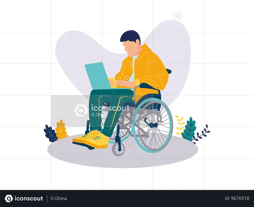 Homem com deficiência trabalhando no laptop  Ilustração