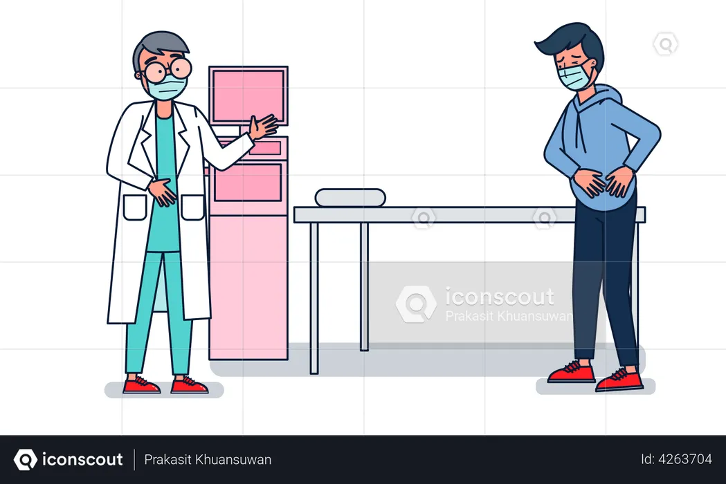 Homem com dor de estômago visitando médico  Ilustração