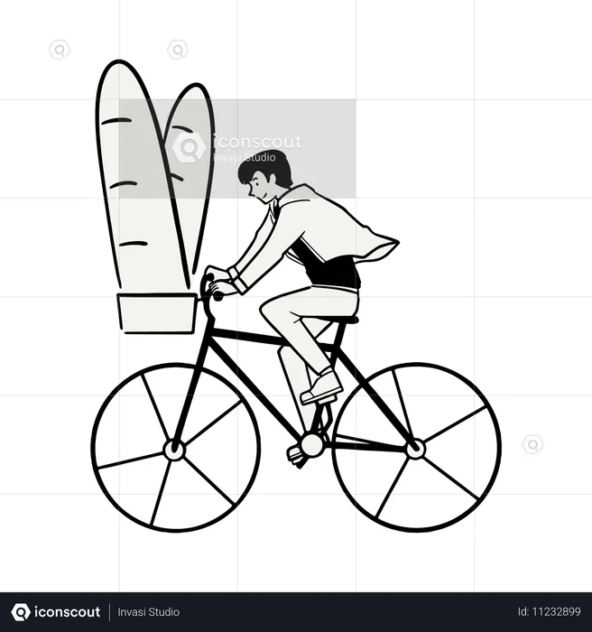 Homem com uma grande baguete em uma bicicleta  Ilustração