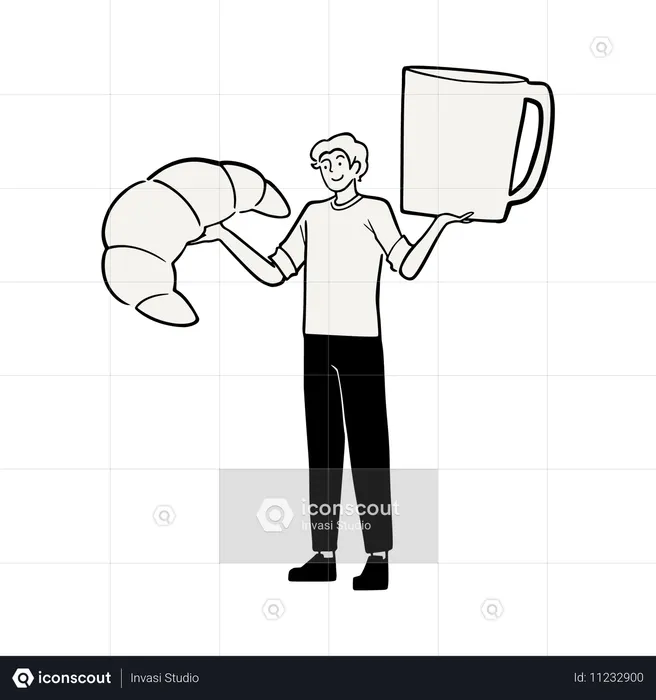 Homem com grande croissant e café  Ilustração