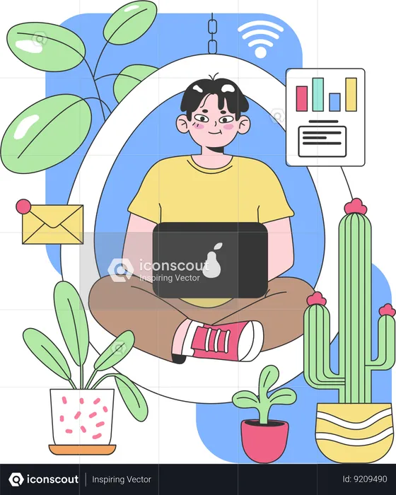 Homem com laptop em meio a plantas flutuantes  Ilustração