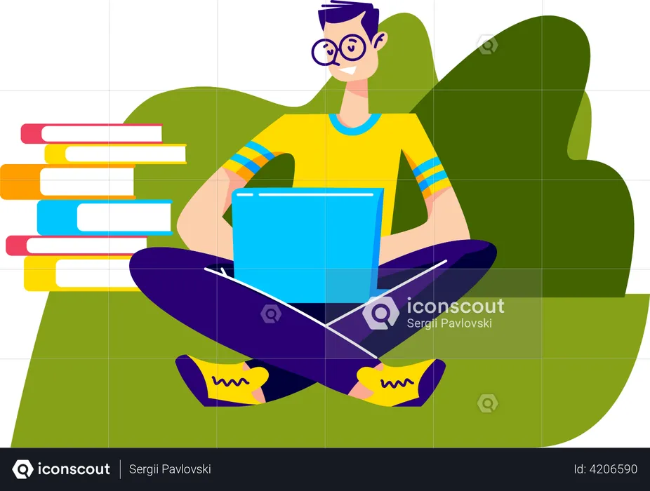 Homem com laptop estudando ao ar livre  Ilustração