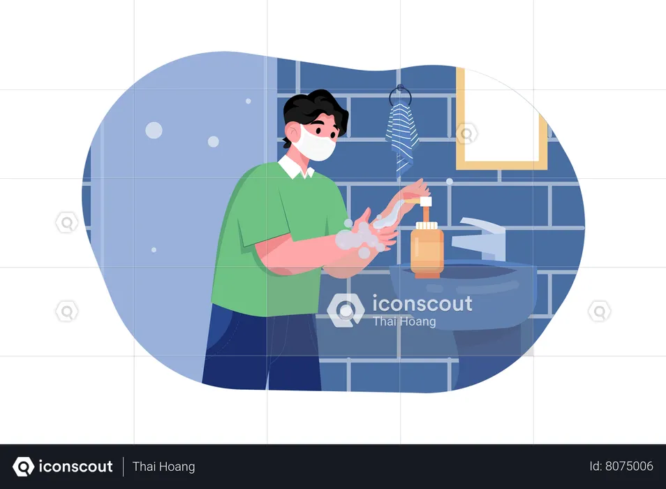 Homem com máscara médica em pé na pia e lavando as mãos  Ilustração
