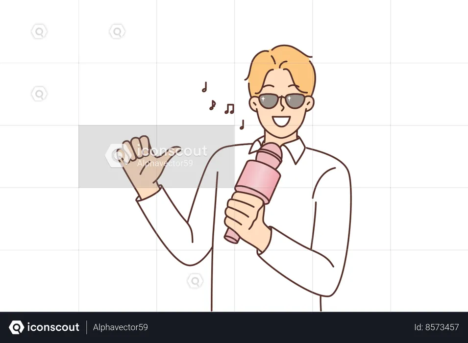 Homem com microfone canta no karaokê  Ilustração