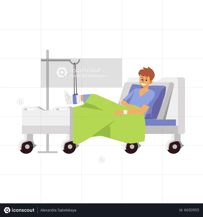 Homem com perna quebrada na cama de hospital  Ilustração