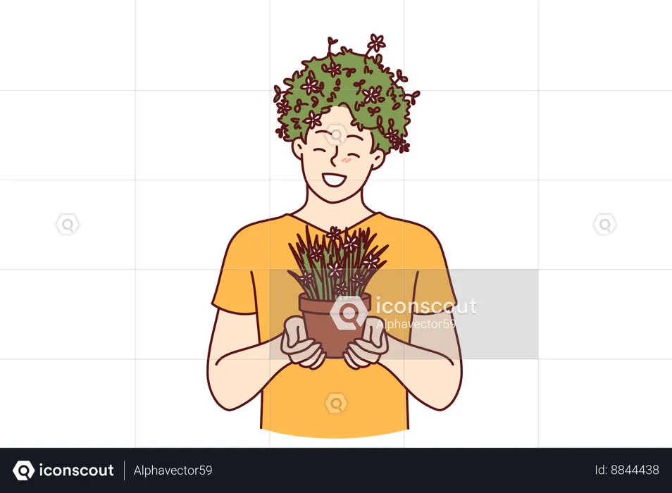 Homem com planta de casa nas mãos e penteado feito de grama  Ilustração