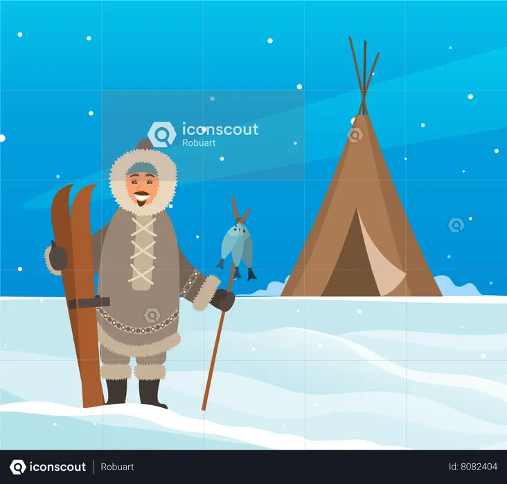 Homem com roupas quentes perto do iglu  Ilustração