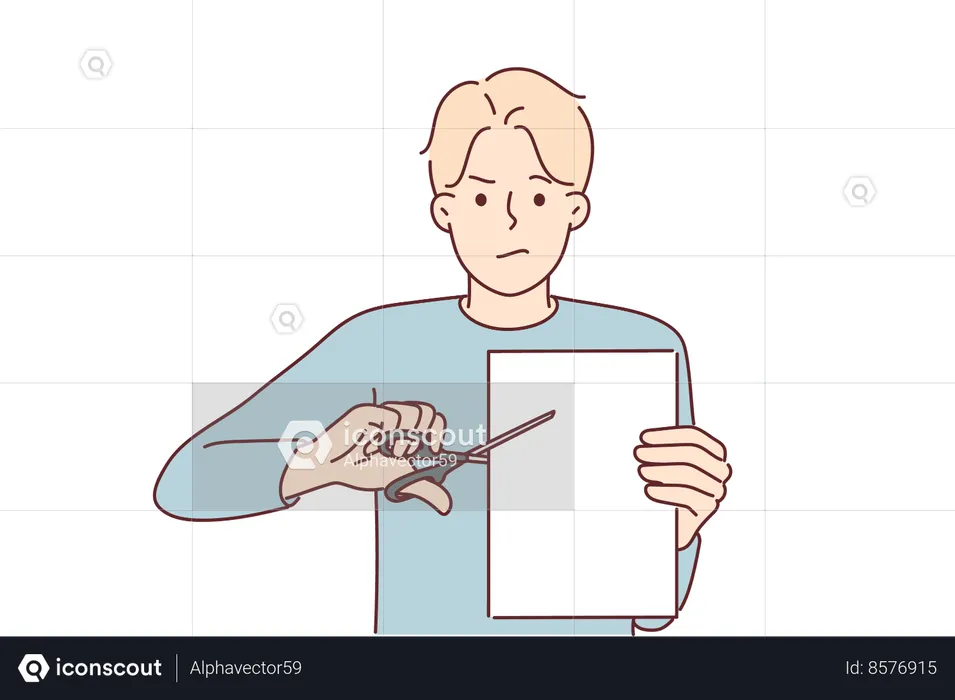 Homem com tesoura corta folha de papel  Ilustração