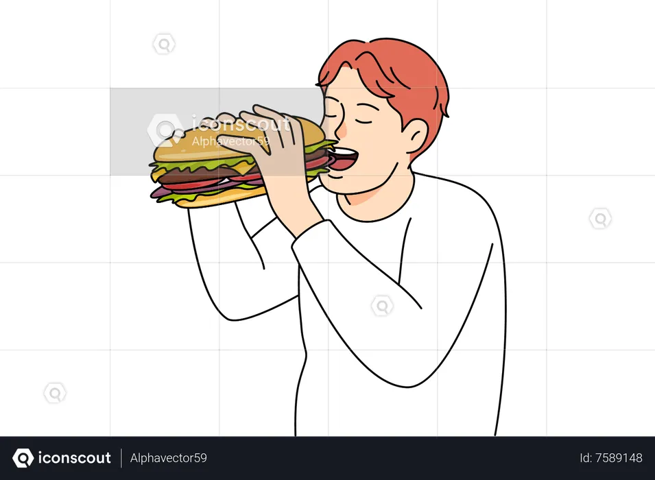 Homem comendo hambúrguer enorme  Ilustração