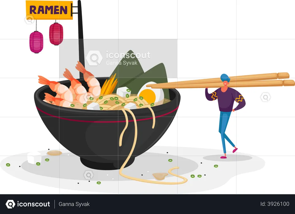 Homem comendo macarrão ramen com pauzinho de madeira  Ilustração