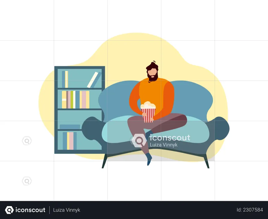 Homem comendo pipoca enquanto está sentado no sofá  Ilustração
