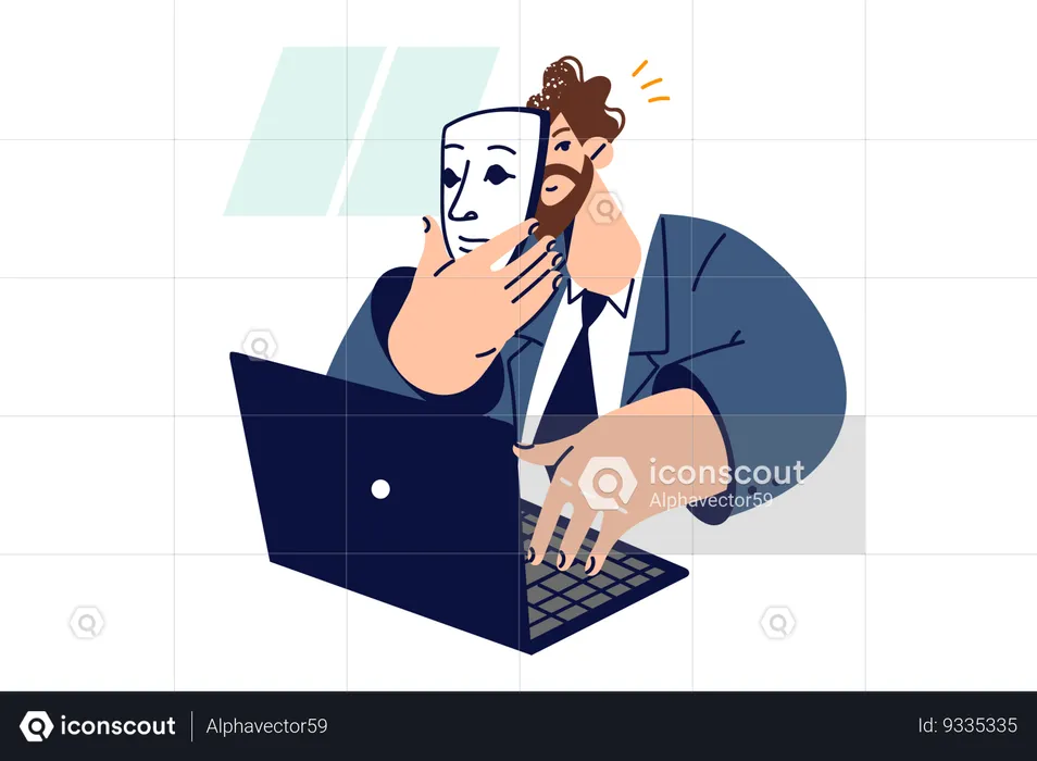 Homem cometendo fraude online usando máscara  Ilustração