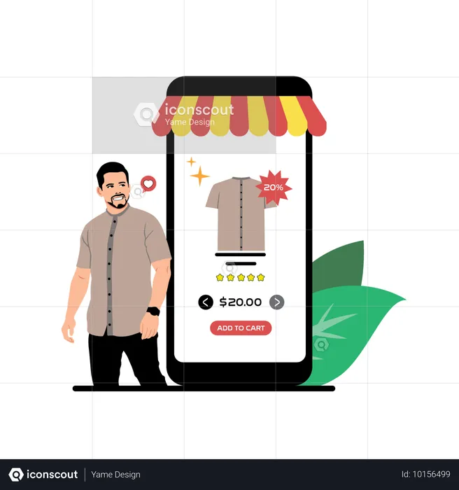 Homem comprando camisa em aplicativo de comércio eletrônico  Ilustração