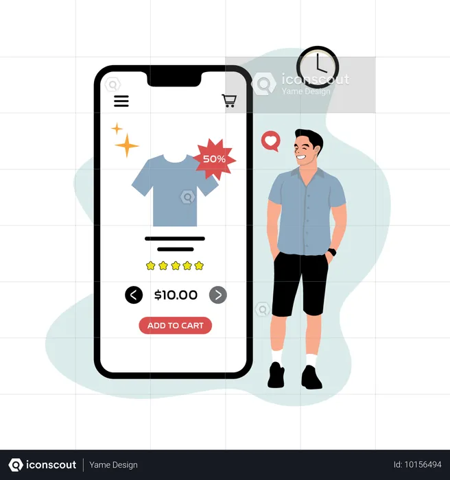 Homem comprando camiseta por aplicativo de celular  Ilustração