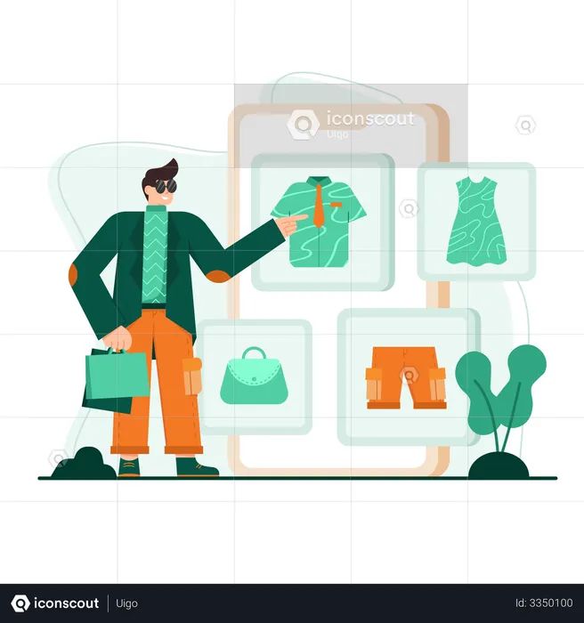 Homem comprando produtos de moda on-line  Ilustração