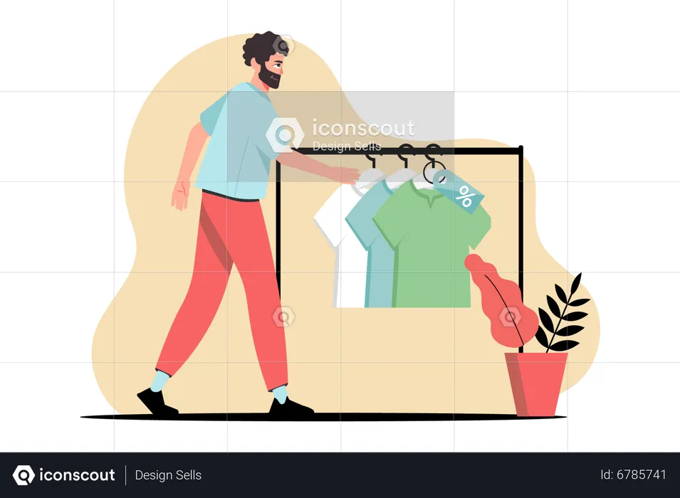 Homem comprando roupas que estão à venda  Ilustração