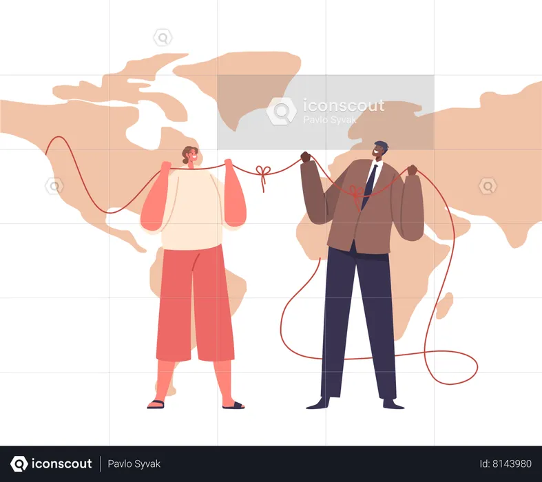 Homem conectado por fio no mapa mundial  Ilustração